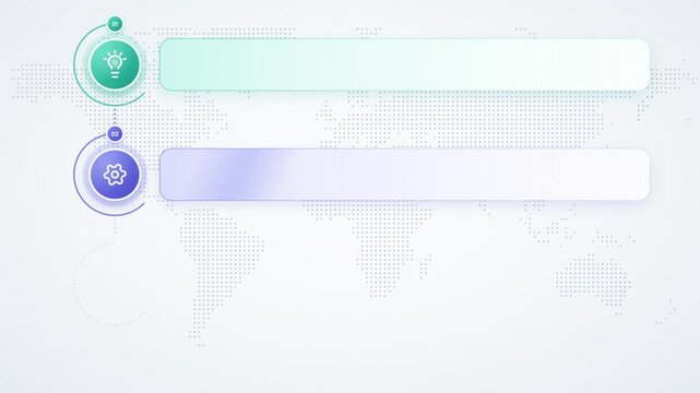 Three step infographic template with lightbulb, gear and rocket icons, blank text bars, dotted world map