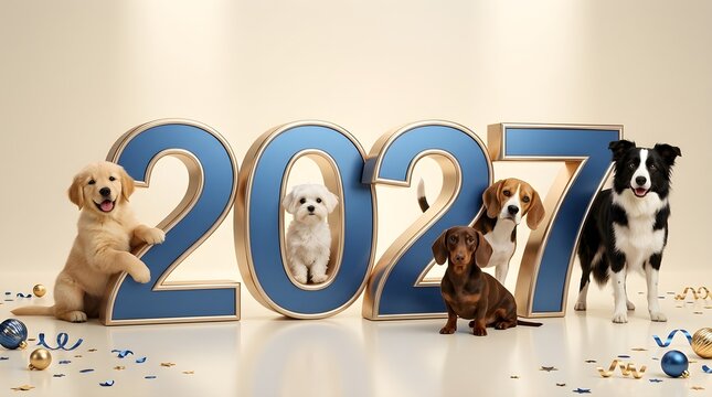 Four dogs pose with large metallic blue numbers for the year 2027