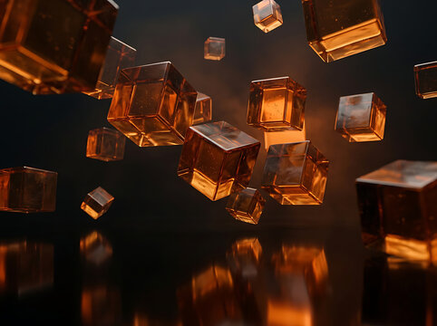 Amber glass cubes float above a dark reflective surface in a dynamic geometric abstract arrangement.
