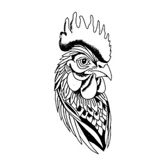 Minimalist engraved head portrait of a rooster facing forward with livestock engraving illustration monochrome domestic feathers cockerel detailed traditional farmyard ornament © JohnStock12