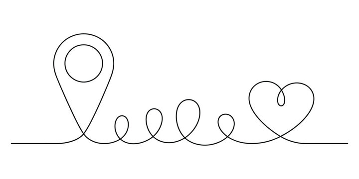 Continuous line drawing of location pin and heart shape