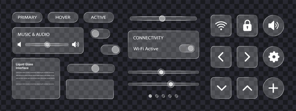 Glassmorphism UI kit elements and components set vector illustration. Frosted glass buttons, sliders, toggles, and icons for web and mobile app interface design.