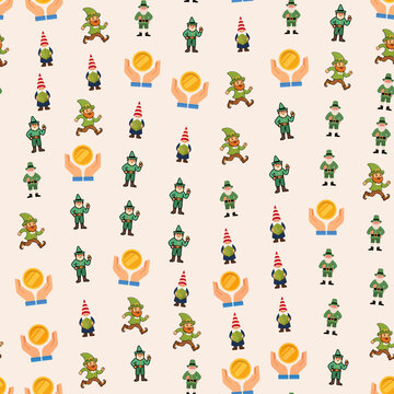 Seamless pattern of gnomes and gold coins