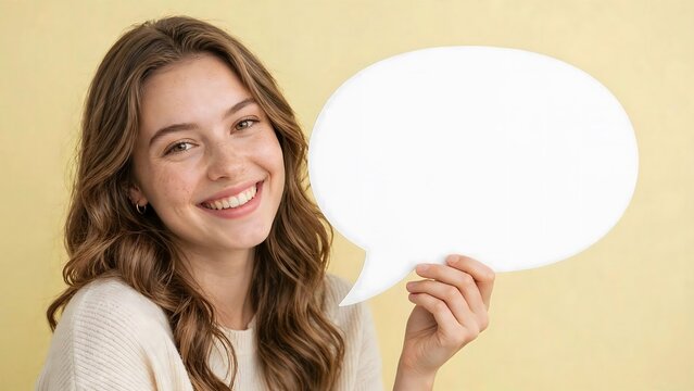 Smiling young woman holding a blank white speech bubble sign with copy space for text
