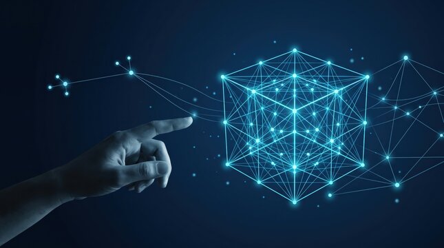 Finger pointing at complex geometric cube structure made of connecting nodes and lines symbolizing blockchain technology cryptography security network system and decentralized