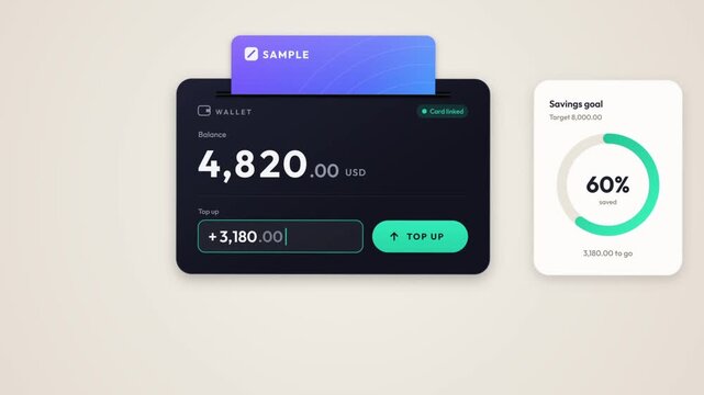 Digital wallet top up as a debit card links, balance counts up and the savings goal ring fills to complete