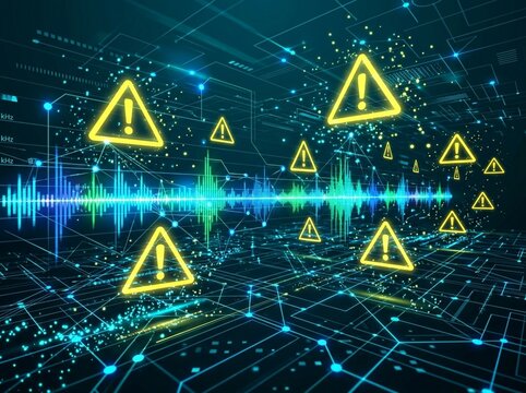 Cybersecurity Warning Signs and Data Wave on Abstract Digital Network