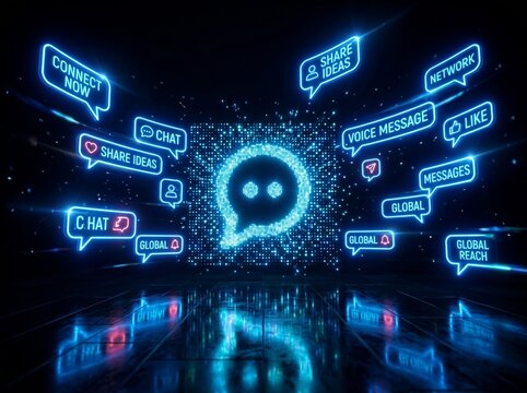 Digital Communication Network with Glowing Chat Bubble and Neon Icons