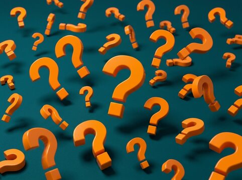 Question Marks Floating Orange 3d Symbols on Dark Teal Background