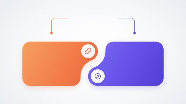 Two option infographic template with orange and purple cards sliding together, puzzle and compass icons