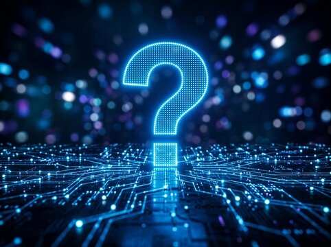 Question Mark Made of Blue Light on a Digital Circuit Board