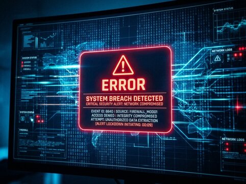 System Breach Detected on Computer Monitor with Critical Cyber Security Alert