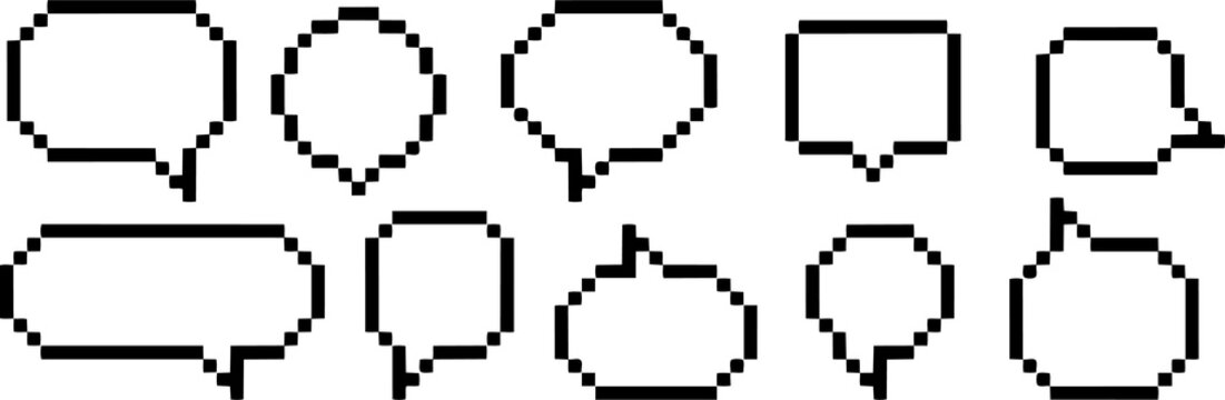 Set of various empty speech bubbles in pixel art style with bubble