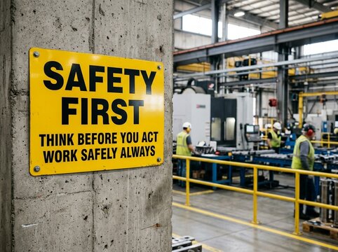 Safetyfirst Sign in a Modern Industrial Factory with Workers and Machinery