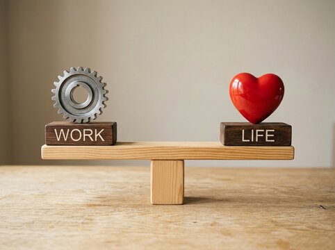 Work Life Balance Concept Showing Gear and Heart on Balanced Seesaw
