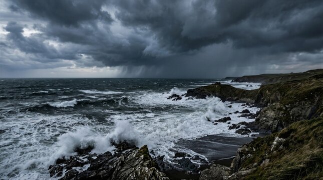 Rough sea crashing against rocky coastline under storm clouds