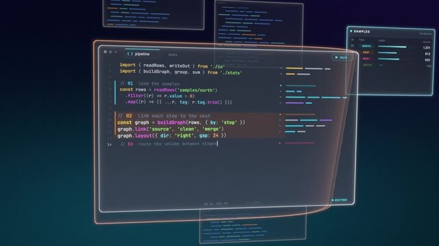 Code editor types a data pipeline script as floating panels build a node graph, flow chart and run status