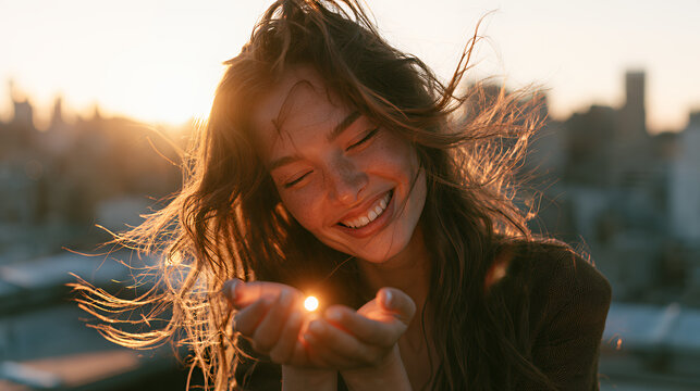 Portrait of a joyful young woman catching the warm setting sun flare in her hands on a city rooftop