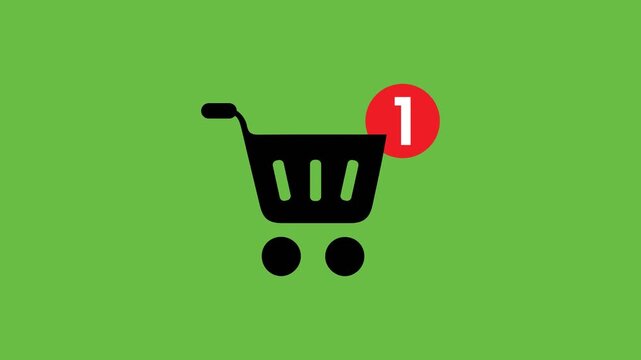 Shopping Cart Icon Animation with Red Notification Counter Badge on Green Screen