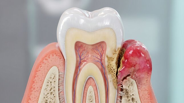 Periodontal disease and gingivitis anatomy on human molar tooth gum, 3D medical illustration comparing healthy gingiva with severe periodontitis, alveolar bone resorption, and bacterial calculus