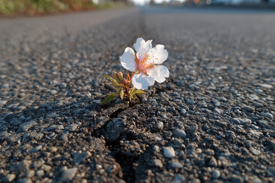 A flower is pushing its way through the asphalt.