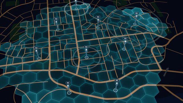 5G cell towers pop up across a city street map as hexagonal network coverage spreads to fill the area