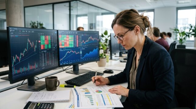 Businesswoman analyzing financial data on two monitors, with graphs and charts in modern office setting