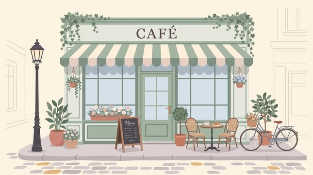 Charming French cafe storefront vector illustration with outdoor seating, plants, and bicycle in Paris