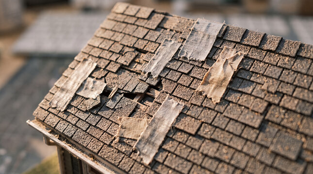 Damaged House Roof with Temporary Repairs and Maintenance Concept