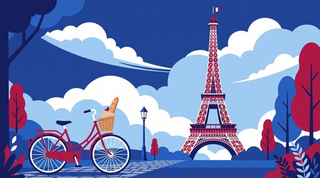 Eiffel Tower vector illustration with vintage bicycle and French baguette in Paris