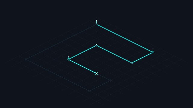 Glowing cyan data line moving across an isometric digital grid animation