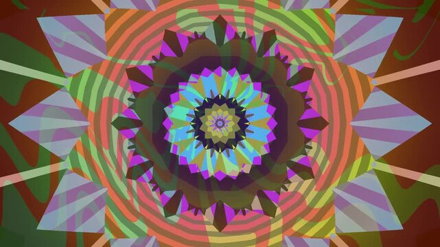 Vibrant kaleidoscope mandala patterns rotate in colorful symmetry