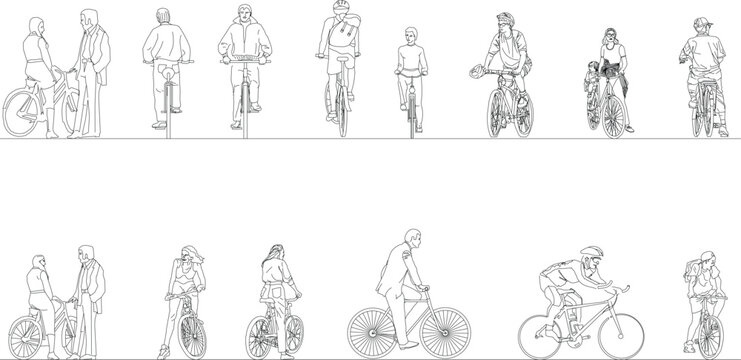 Set of vector illustrations of people riding and standing with bicycles - Technical CAD Drawing