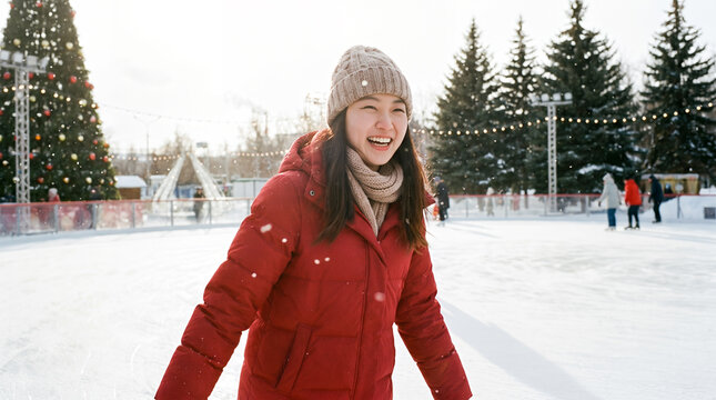 Young woman laughing in red puffer jacket at Christmas holiday scene