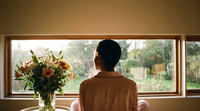 Woman from behind looking out at garden with fresh flowers