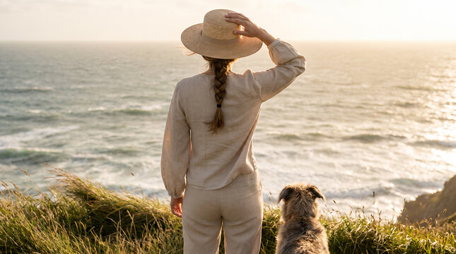 Woman from behind on beach cliff with braided hair ocean view