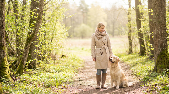 Woman with golden retriever on forest path in autumn coat