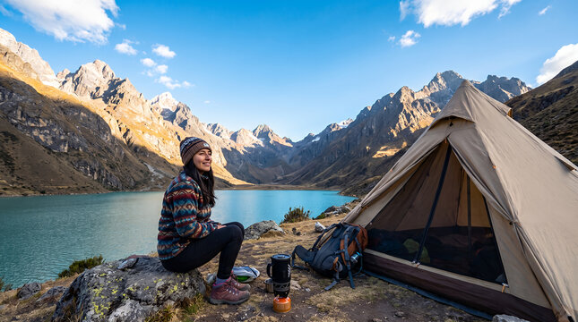 Young woman sitting by turquoise mountain lake beside camping tent