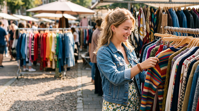 Woman smiling while browsing colorful clothes at street market
