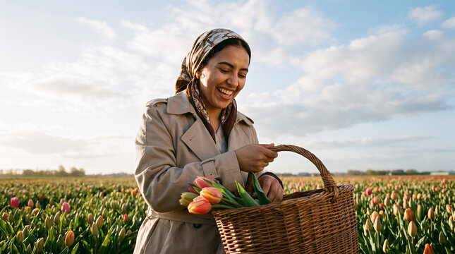 Woman in tulip field holding basket of fresh spring flowers
