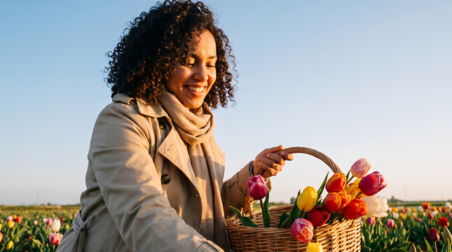 Smiling woman holding basket of tulips in field at sunset
