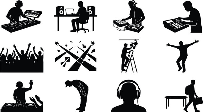 Set of black silhouettes showing d js, music producers, concert crowds, stage lighting, and people working with audio equipment on white background
