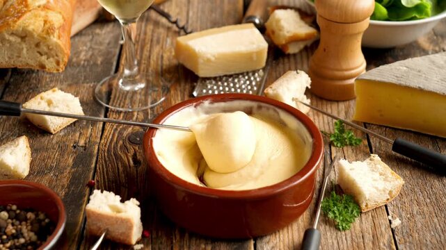 Traditional cheese fondue with bread dipped on fork white wine and rustic wooden table
