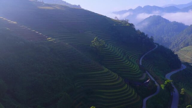 Aerial view of golden rice terraces at Mu Cang Chai town near Sapa city, North of Vietnam. Beautiful terraced rice field in harvest season in Lao Cai province.