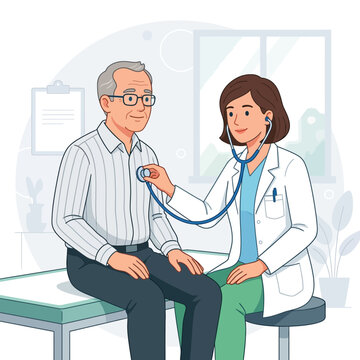 Doctor examining an elderly patient with a stethoscope in a medical clinic, vector illustration