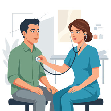 Doctor examining patient with stethoscope in a clinic, modern vector illustration