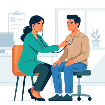 Doctor Examining Patient with Stethoscope in Clinic - Vector Illustration