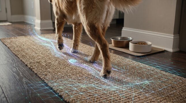 A dog walks across a glowing digital network displayed over a woven rug at home