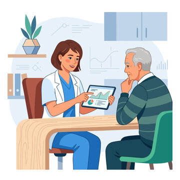 Doctor Discussing Health Data on Tablet with Elderly Patient in Medical Office