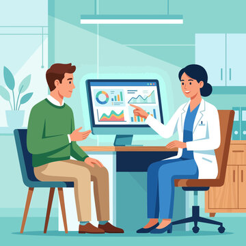 Doctor Discussing Health Data and Charts with Patient on Computer Screen in Clinic Office